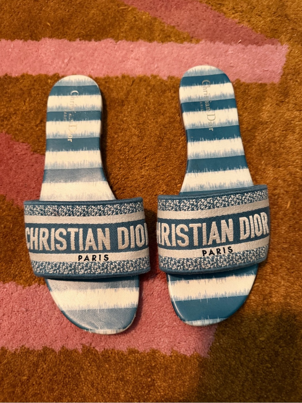 Dior Blue & White Striped Logo Slide Sandals